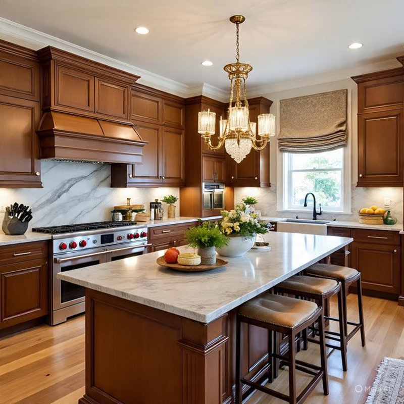 Mẫu 12: Tủ bếp gỗ gõ đỏ chữ L có đảo bếp – đảo là “tâm điểm”