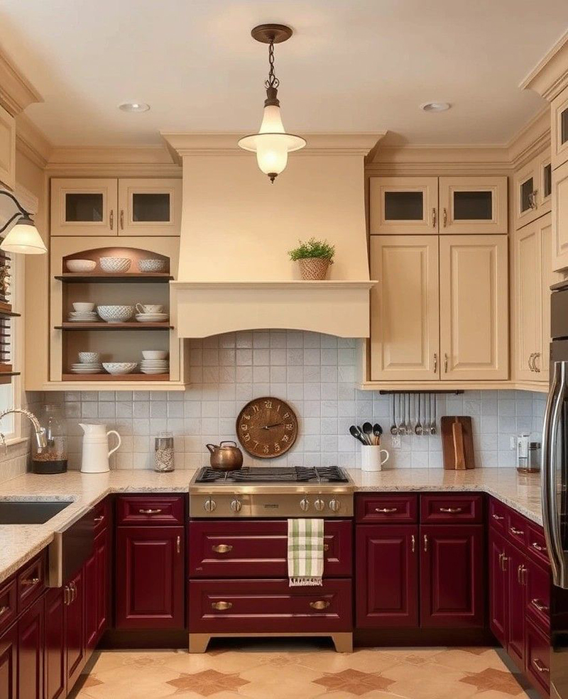 Mẫu 16: 2-tone với tủ dưới gõ đỏ – tủ trên trắng kem