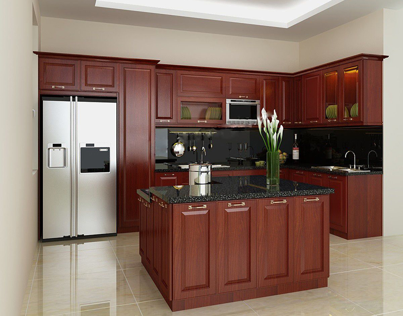 Mẫu 18: Mặt đá đen + gõ đỏ (tính tương phản mạnh)