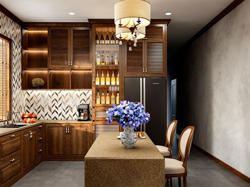 Mẫu 20: Phong cách Indochine với gõ đỏ + gạch bông/ốp bếp họa tiết