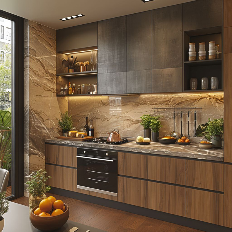 Mẫu 3: Tủ bếp gỗ hương chữ I kết hợp kệ mở decor