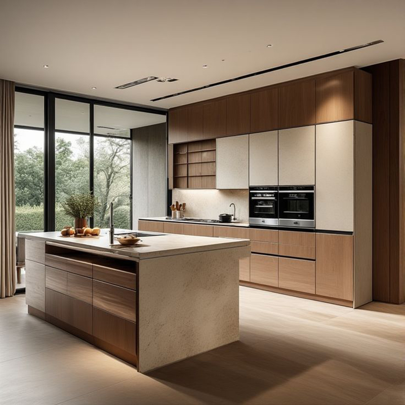 Mẫu 4: Tủ bếp gỗ hương chữ I có quầy bar liền tủ