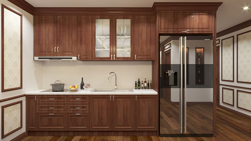 Mẫu 5: Tủ bếp gỗ hương chữ I kịch trần