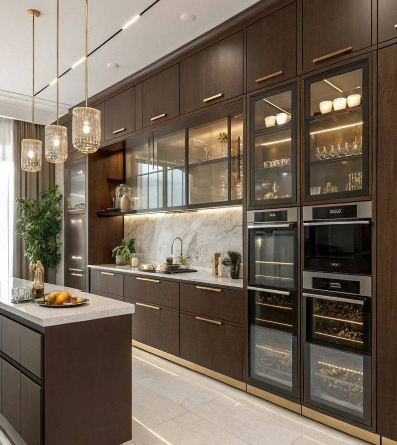 Mẫu 9: Tủ bếp gỗ hương chữ I kết hợp tủ rượu trang trí