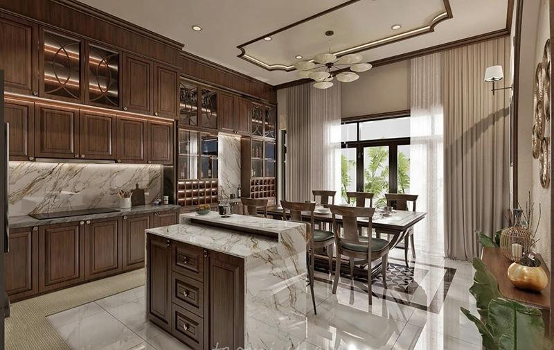 Mẫu 11: Chữ L phong cách Á Đông, màu gỗ trầm ấm, bền bỉ