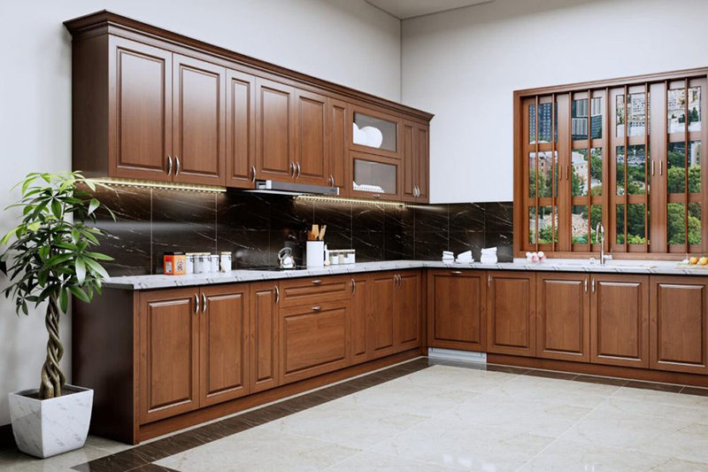 Mẫu 12: Chữ L phối mặt đá sáng màu, nhìn sang và sạch