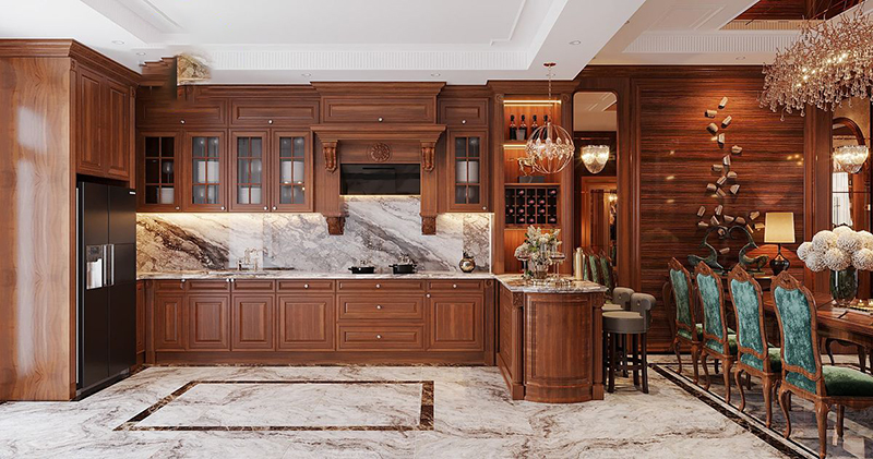 Mẫu 8: Chữ L có quầy bar liền tủ, vừa ăn sáng vừa tiếp khách