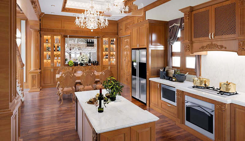 Mẫu 9: Chữ L có bàn đảo, thêm mặt thao tác và khoang chứa đồ