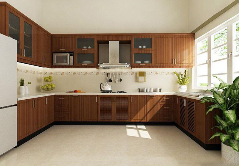 Mẫu 10: Tủ bếp gỗ hương chữ U cho nhà phố diện tích lớn