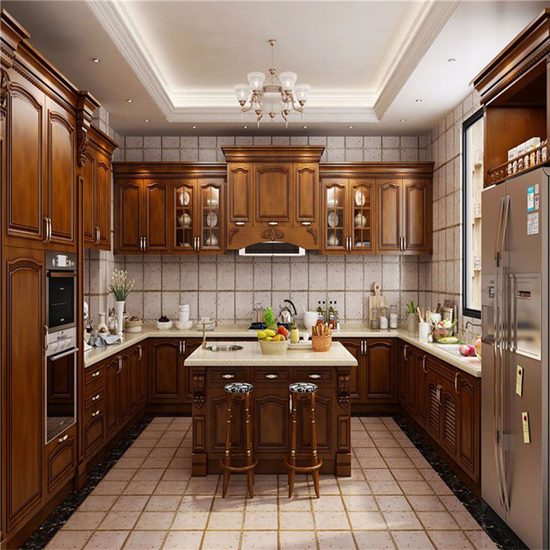 Mẫu 2: Tủ bếp gỗ hương chữ U cổ điển, cánh soi huỳnh