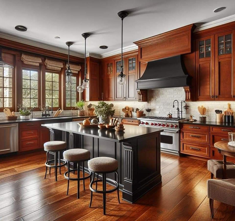 Mẫu 3: Tủ bếp gỗ hương chữ U có bàn đảo trung tâm