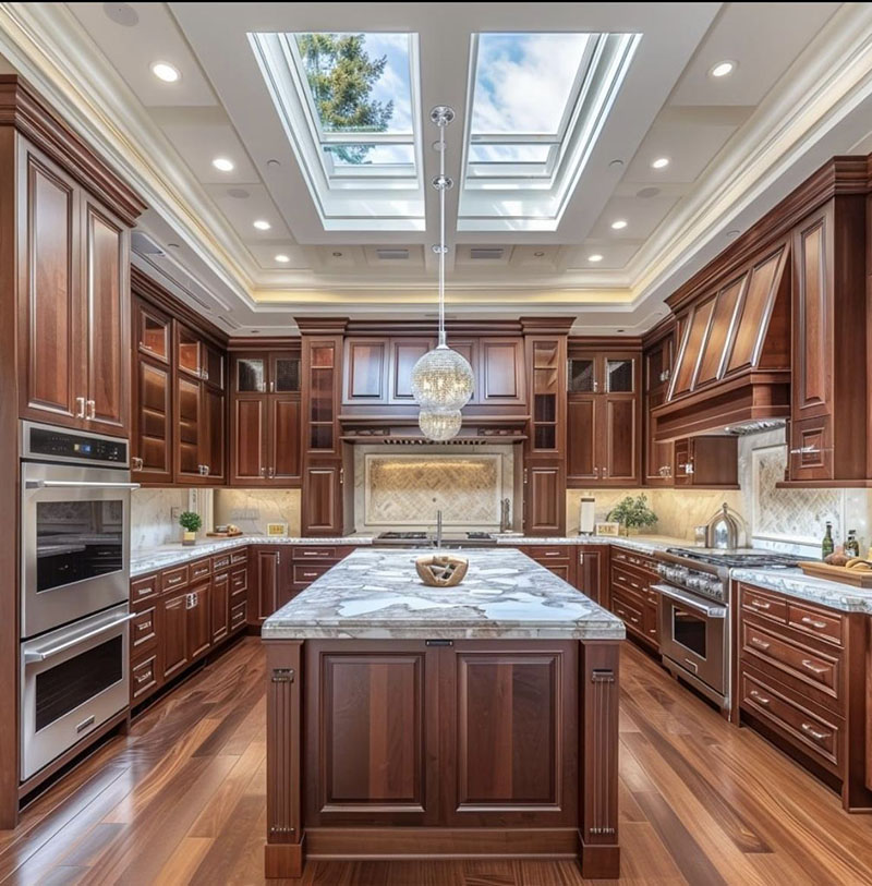 Mẫu 5: Tủ bếp gỗ hương chữ U kịch trần tăng lưu trữ