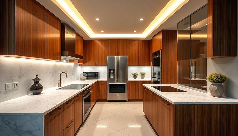 Mẫu 6: Tủ bếp gỗ hương chữ U phong cách Á Đông