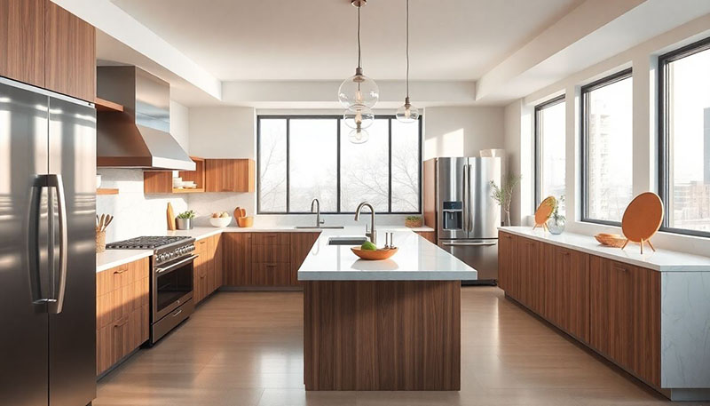 Mẫu 7: Tủ bếp gỗ hương chữ U kết hợp mặt đá sáng màu