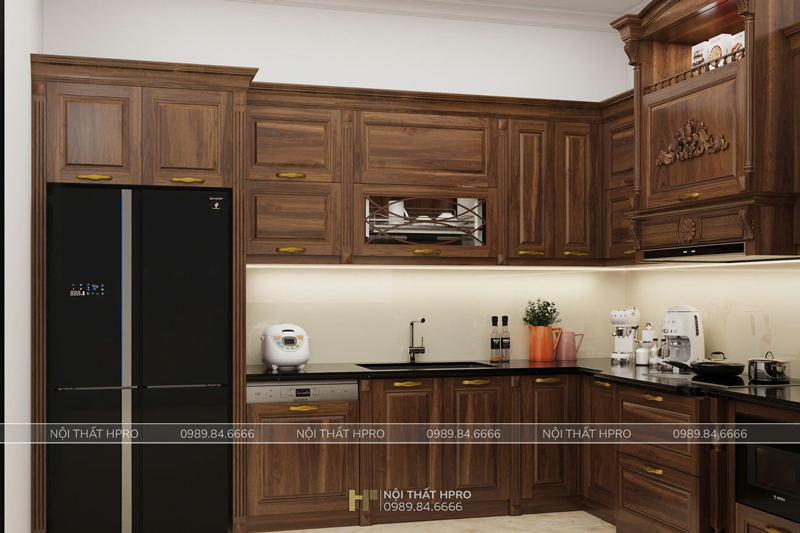 [Siêu phẩm] Tủ bếp gỗ óc chó TBOC18 tự nhiên- Kiểu dáng tân cổ điển có quầy bar & tủ rượu