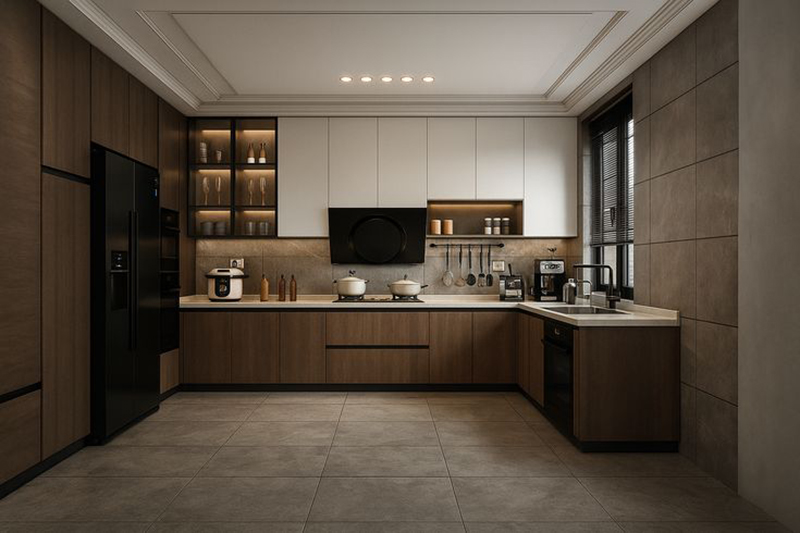 Mẫu 12: Tủ bếp gỗ óc chó chữ L có thêm pantry cao (tủ đồ khô riêng)