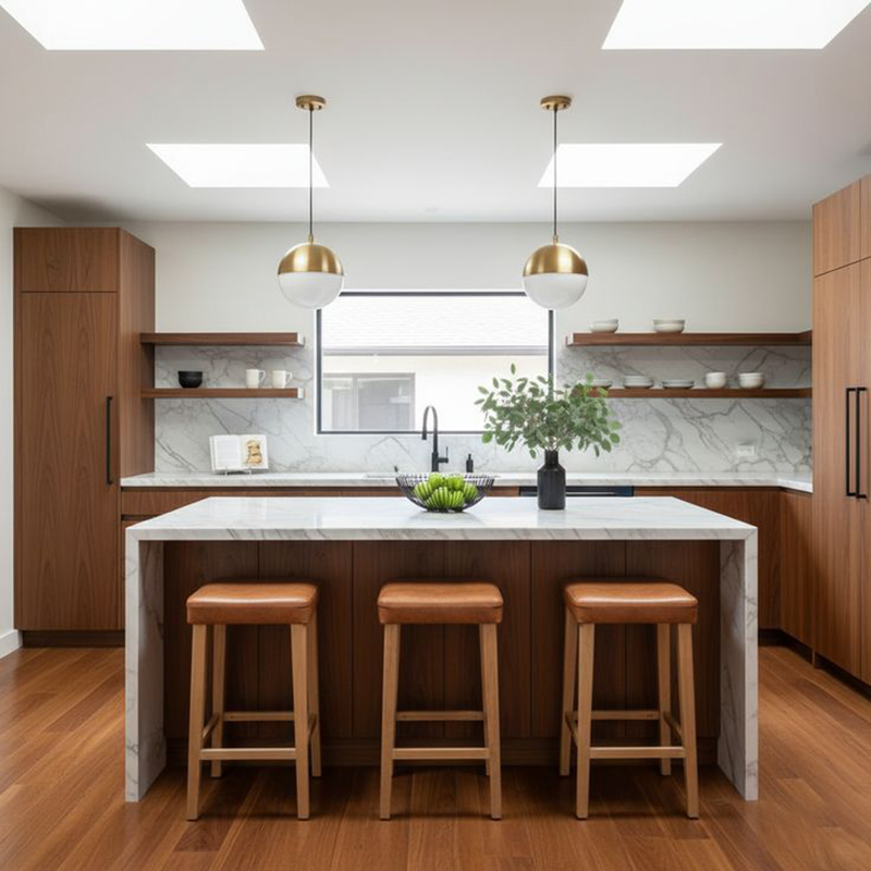 Mẫu 14: Chữ L ôm cửa sổ – bồn rửa dưới cửa sổ