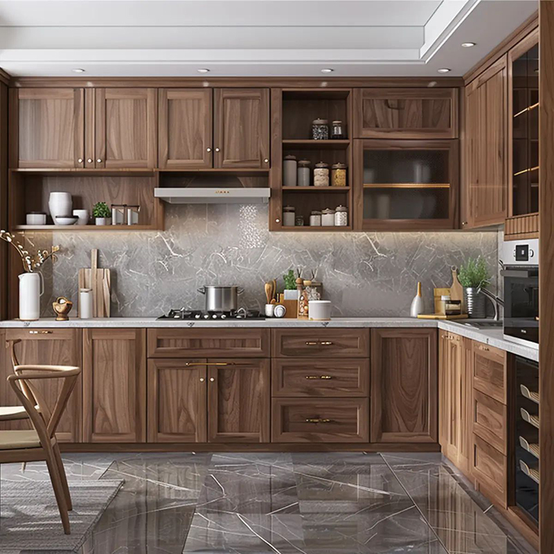 Mẫu 18: Tủ bếp gỗ óc chó chữ L tân cổ điển nhẹ + kính tủ trên