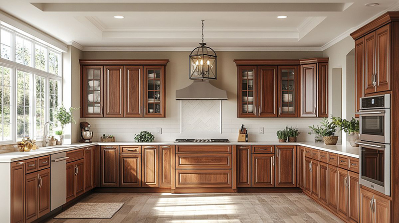 Mẫu 20: Panel + mặt đá sáng + tay nắm cổ điển nhỏ