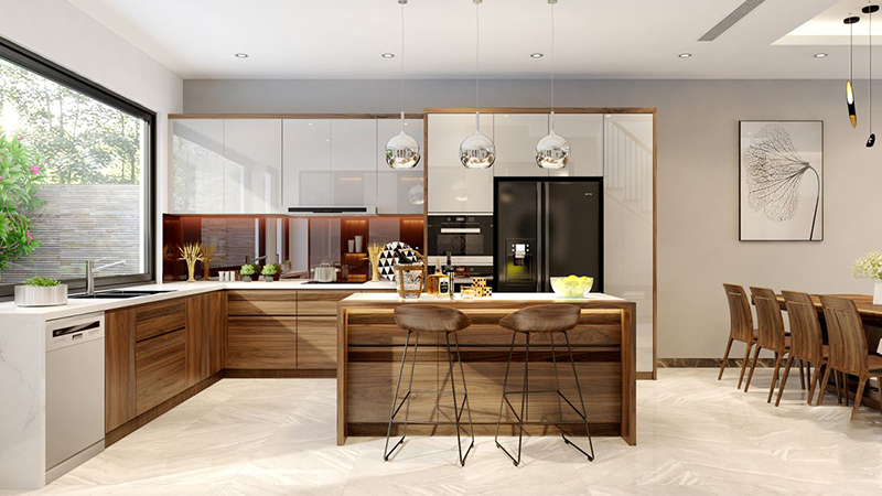 Mẫu 4: Chữ L tối giản + ốp bếp sáng màu