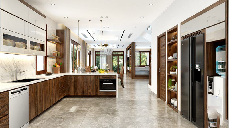 Mẫu 5: Tủ bếp gỗ óc chó chữ L + thiết bị âm tủ đồng bộ