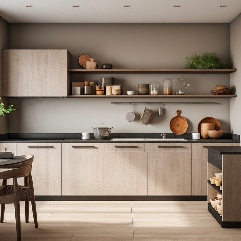 Mẫu 12: Mẫu tủ bếp gỗ sồi mỹ với tay nắm đen mờ