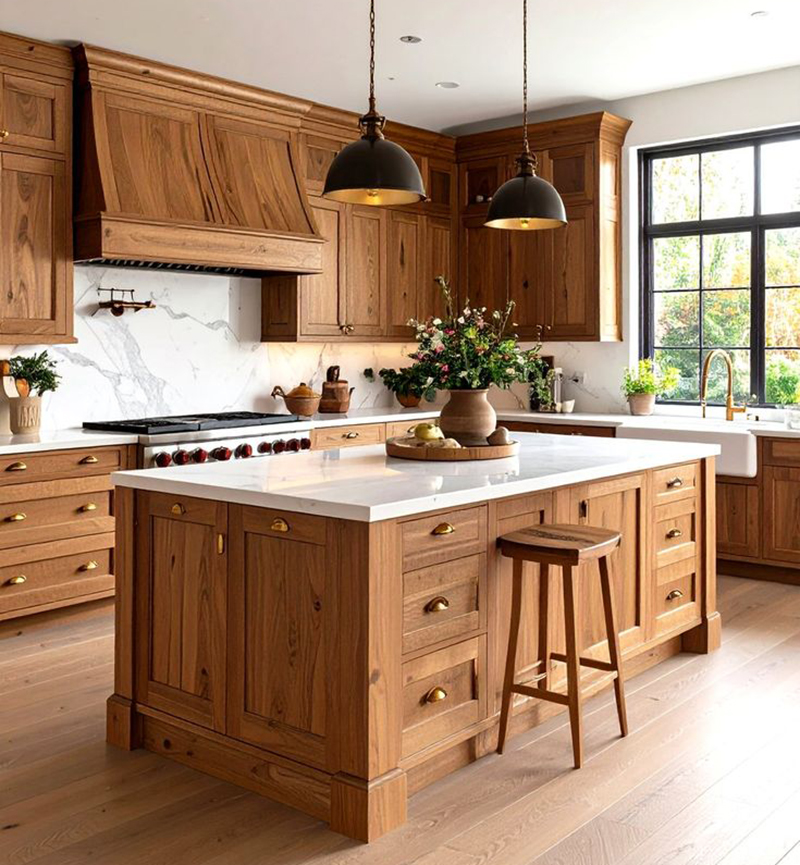 Mẫu 18: Tủ sồi Mỹ + mặt đá sáng + tay nắm cổ điển nhỏ