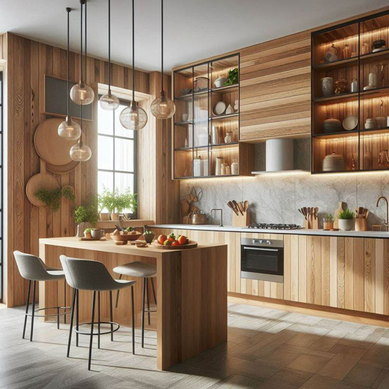 Mẫu 2: Tủ bếp gỗ sồi Mỹ chữ I + tủ kịch trần