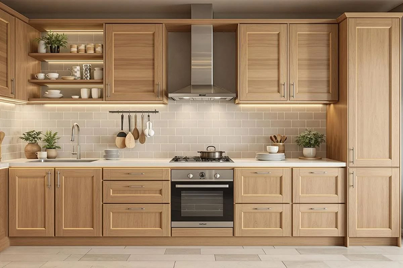 Mẫu 4: Chữ L “nhẹ tủ trên” – xen kệ mở