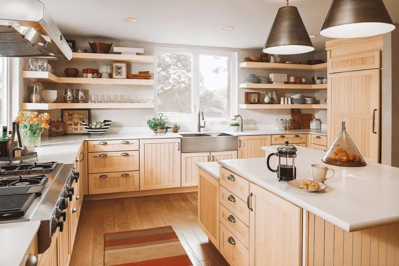 Mẫu 9: Sồi Mỹ với tường/gạch ốp bếp trắng