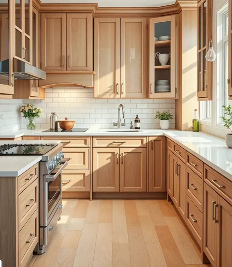 Mẫu 14: Tủ bếp gỗ sồi Nga + phụ kiện kim loại champagne