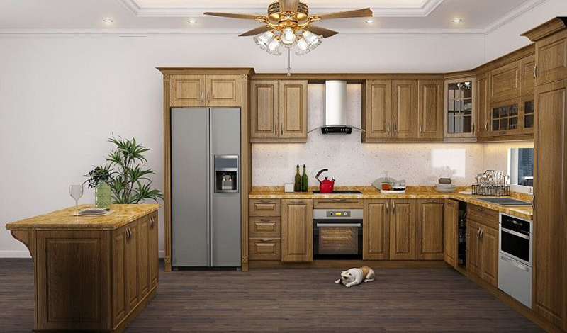 Mẫu 15: Cánh panel sồi Nga + tay nắm đồng