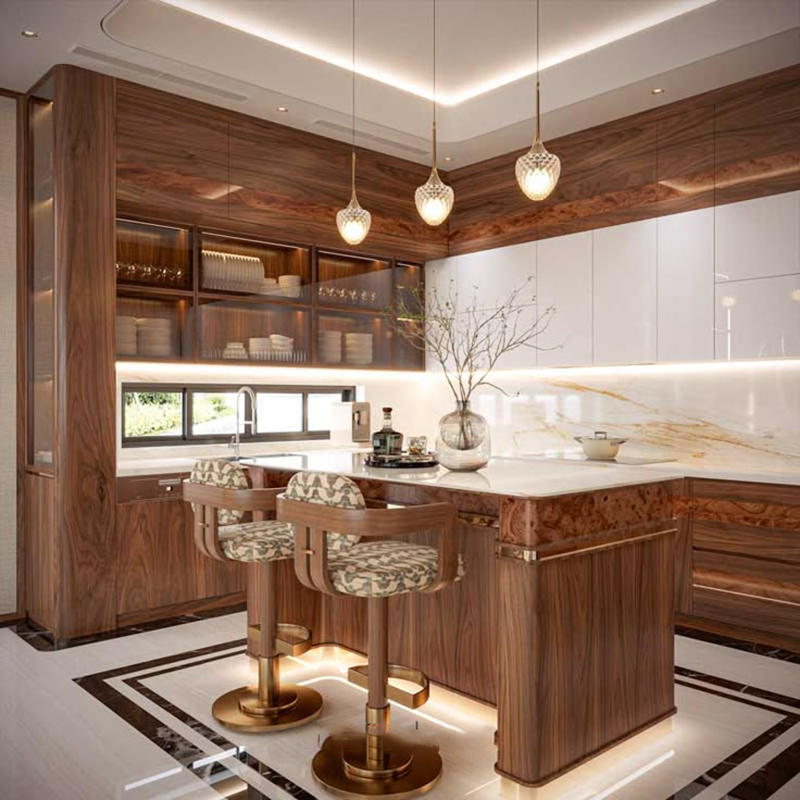 Mẫu 20: Panel + kính tủ trên (kết hợp khung sồi)