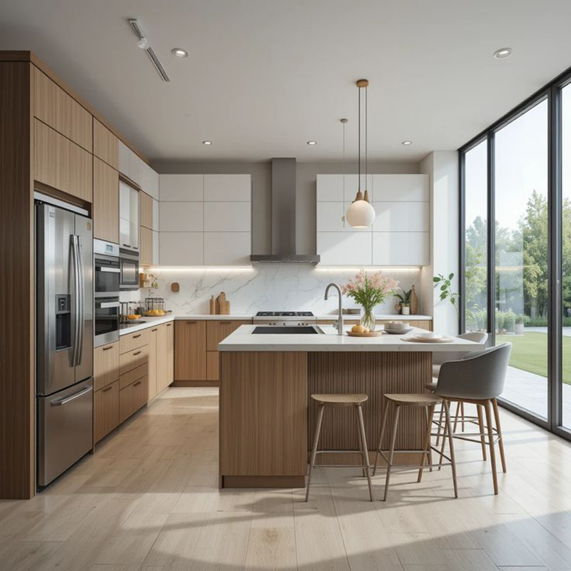 Mẫu 22: Chữ L có đảo bếp – đảo sồi Nga làm điểm nhấn