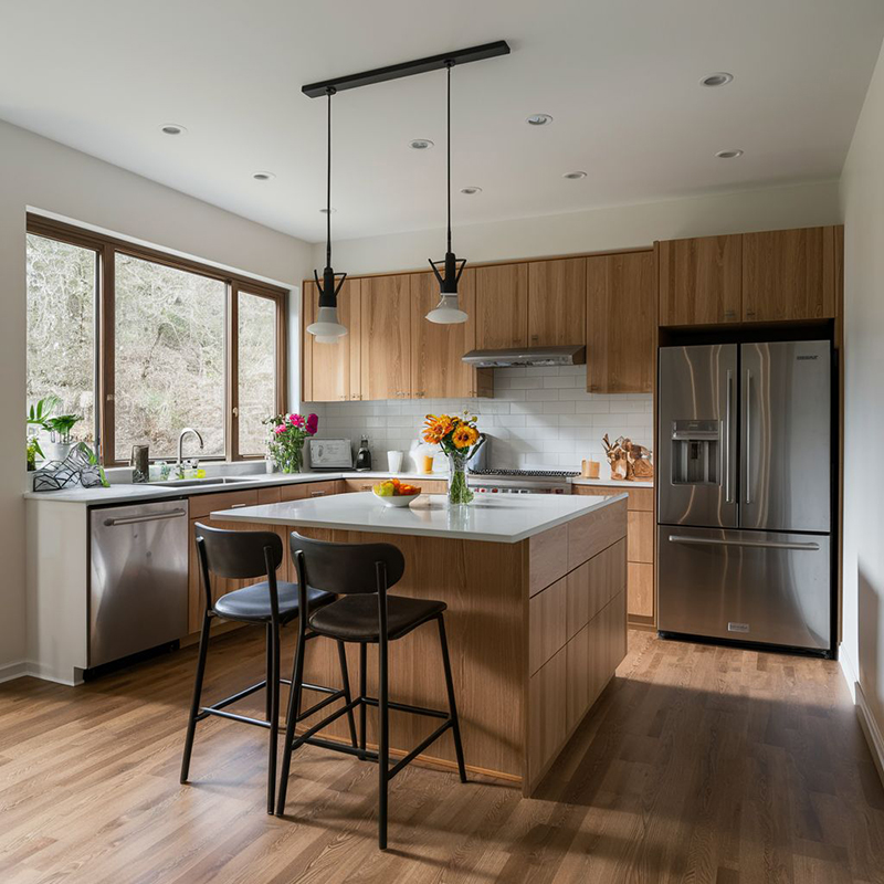 Mẫu 26: Chữ L ôm cửa sổ – bồn rửa dưới cửa sổ