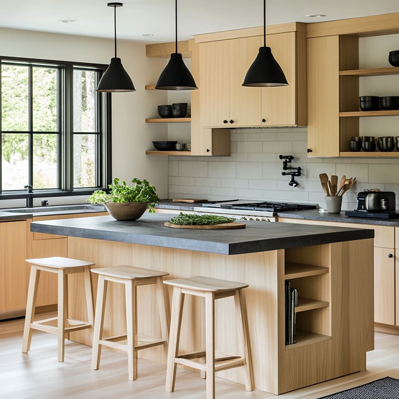 Mẫu 27: Sồi Nga + mặt đá đen (tương phản)