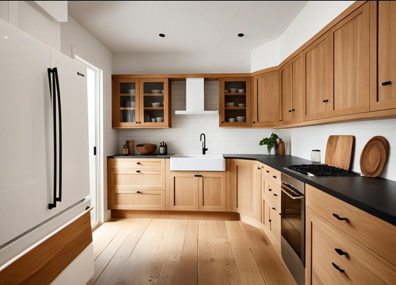 Mẫu 5: Chữ L + thiết bị âm tủ đồng bộ