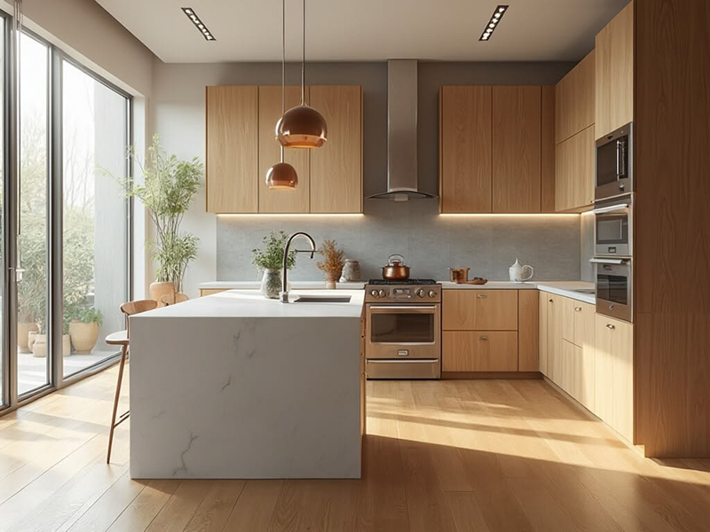 Mẫu 7: Chữ L kết hợp đèn LED hắt tủ trên