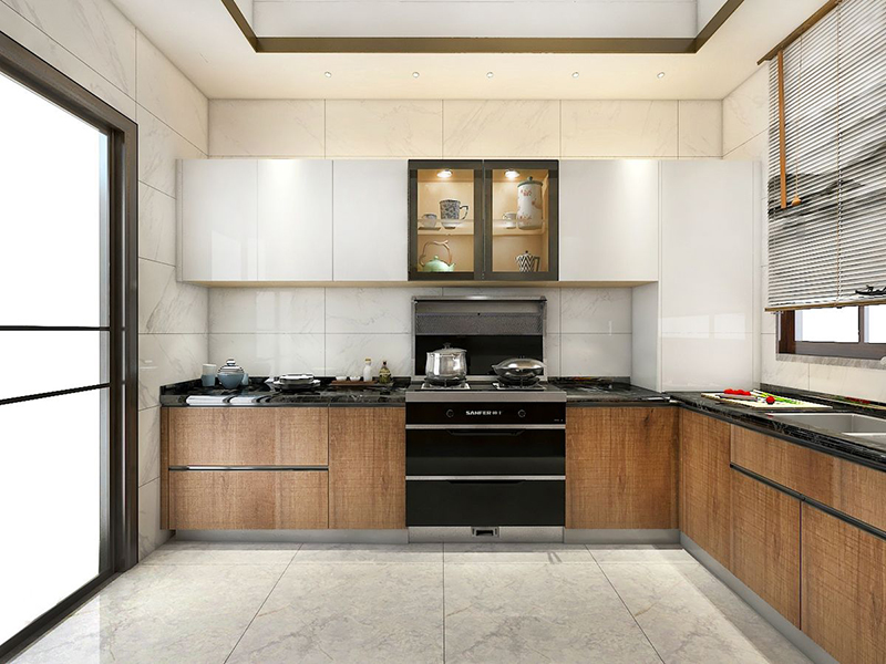 Mẫu 9: Two-tone với tủ dưới sồi – tủ trên trắng