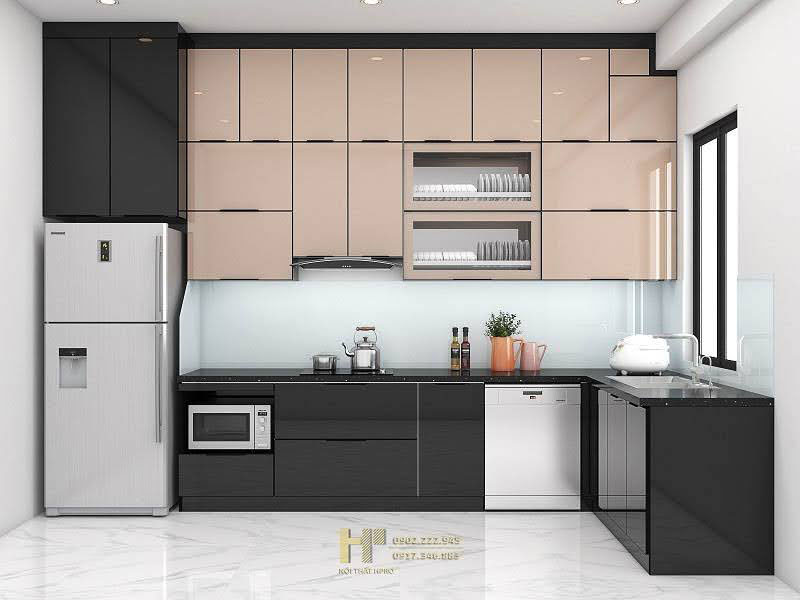 Tủ bếp inox hình chữ L cánh dùng kính cường lực