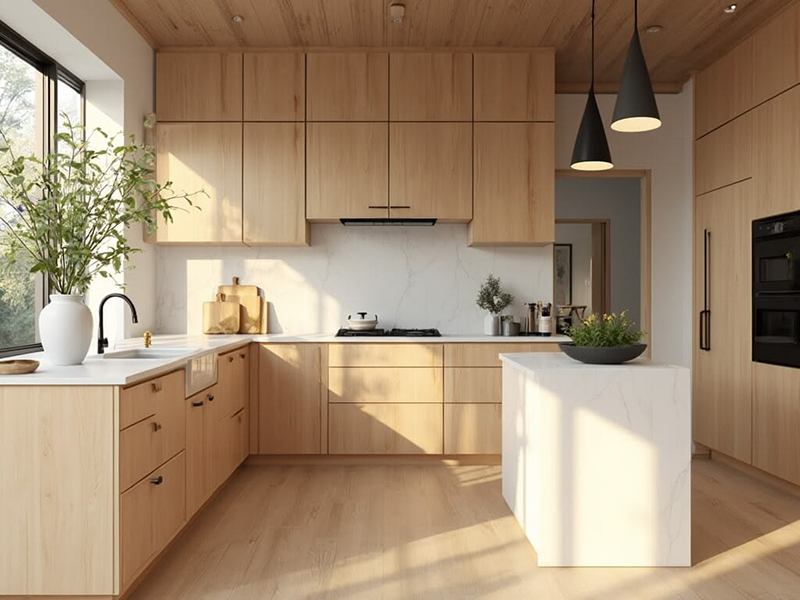 Mẫu 10: Vân sồi sáng + phụ kiện đen mờ