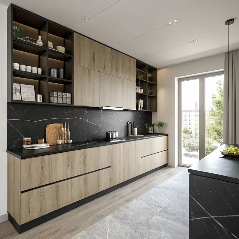 Mẫu 12: Vân gỗ nâu trung tính + ốp bếp giả đá