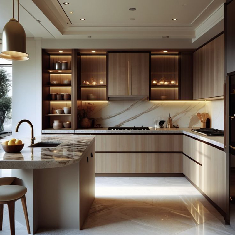 Mẫu 15: Vân gỗ kết hợp đảo bếp nhỏ