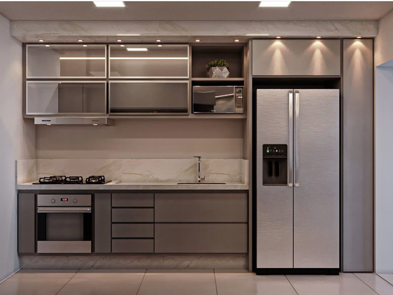 Mẫu 16: Laminate giả bê tông + mặt đá trắng