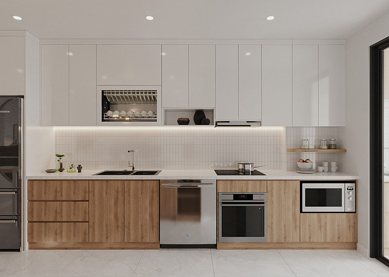 Mẫu 2: Chữ I vân gỗ sáng + tủ trên trắng