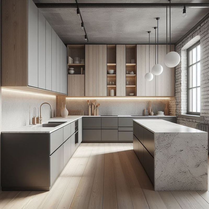 Mẫu 20: Xám – trắng phân tầng (tủ trên sáng, tủ dưới tối)