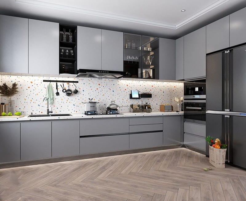 Mẫu 22: Xám mờ + ốp bếp gạch họa tiết