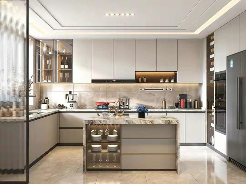 Mẫu 25: Chữ U Laminate + đảo bếp trung tâm