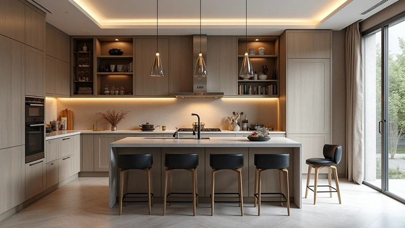 Mẫu 27: Chữ U có quầy bar ngăn bếp với phòng khách