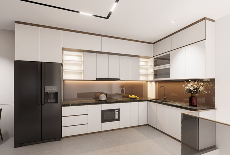 Mẫu 3: Tủ bếp Laminate chữ L trắng – tay nắm âm